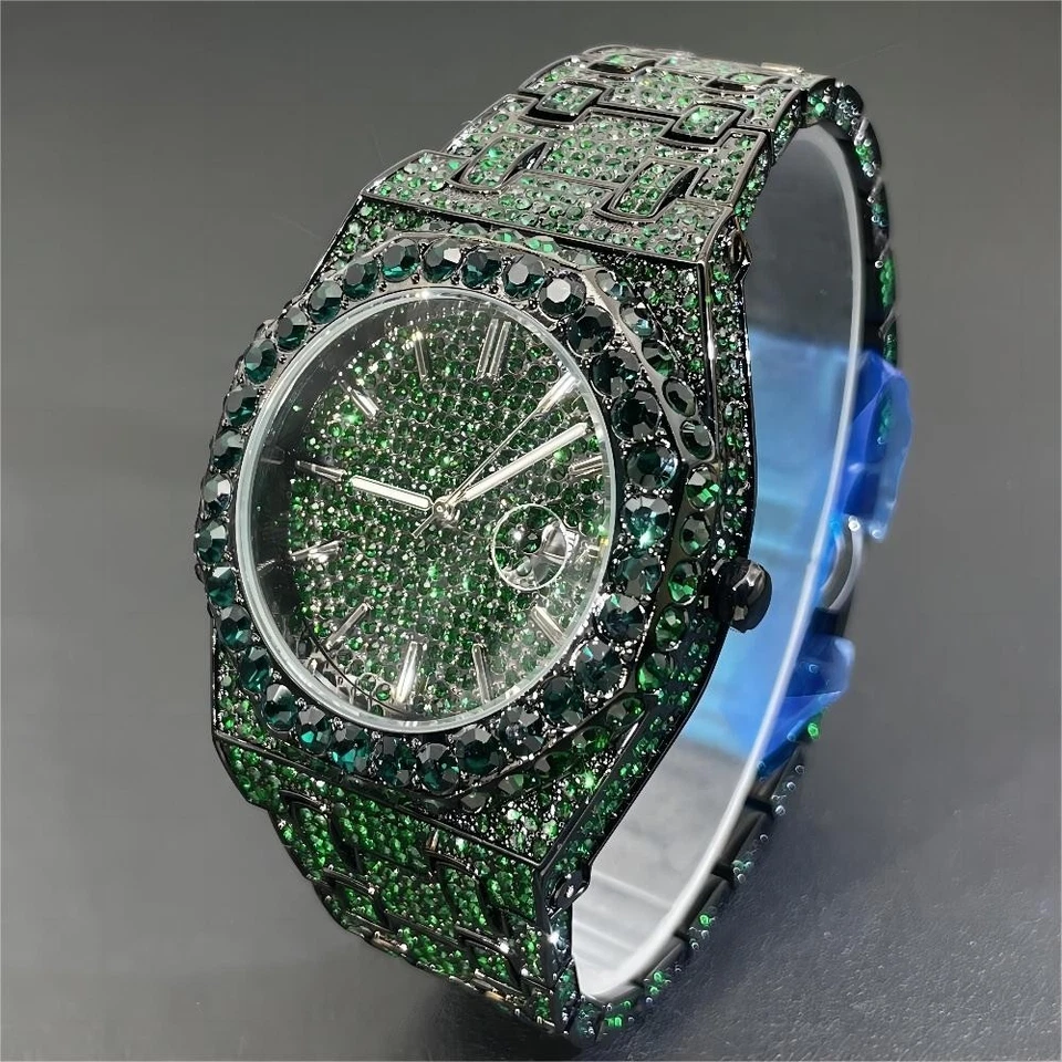 Роскошные мужские часы MISSFOX хип-хоп Ice out Bling King цвет Iced Green Cz с бриллиантовой датой - Изображение 3 из 4