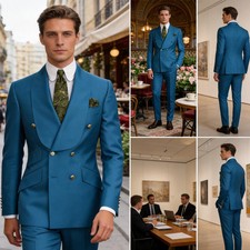 Men's Double Breasted Tuxedo Suit Shawl Lapel Blazer Pants Slim Fit 2-Piece Set