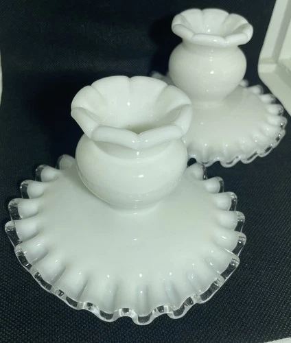 Pair of Vintage Fenton White Silvercrest Milk Glass Ruffled Edge Candle Holders