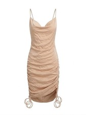 Fashion Nova Slip Dress Size Medium Ruched Sides Satin Evening Cocktail Beige