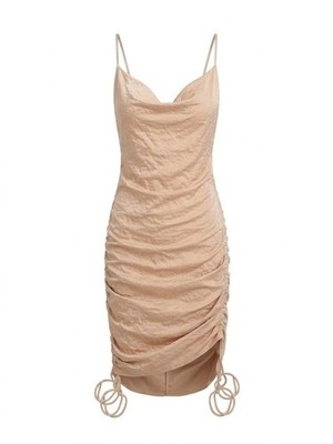 Fashion Nova Slip Dress Size Medium Ruched Sides Satin Evening Cocktail  Beige | eBay
