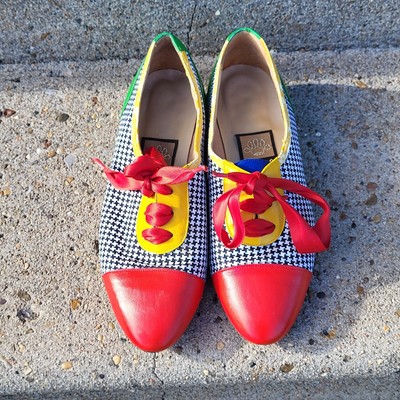 VTG Nina Lace Up Womens Oxford Shoes Houndstooth Fabric Red Yellow Green Sz  5.5M | eBay