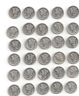 LOT OF 30 SILVER US MERCURY DIMES 1934 - 1944 VARIOUS YEARS VERY GOOD TO FINE