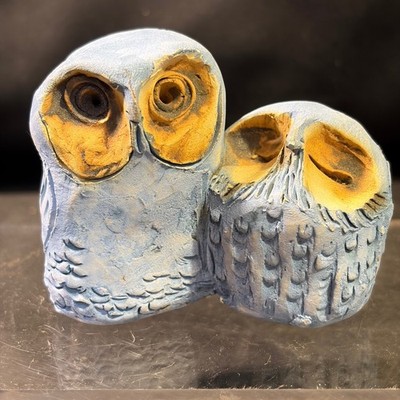 Vintage Handcrafted Studio Pottery Double Owl Figurine Blue Ochre 1971 4 Inch