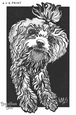 Cute Fluffy Dog Ponytail Puppy Original Pen and Ink  4 x 6 Art Print
