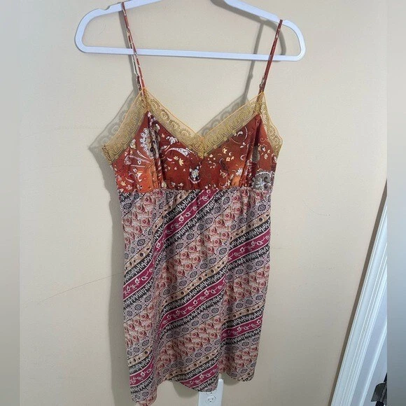 Y2K Boho cami patchwork muted tone tank  Slip Dress size L - Image 2 of 4