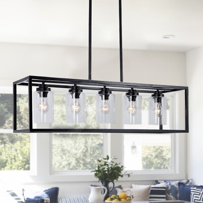 5-Light Glass Chandelier Rectangular Linear Frame Pendant Lamp Hanging Fixtures