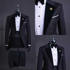 Black Floral Men's Paisley Suits Peak Lapel Wedding Groom Tuxedos 2pcs Blazer