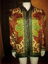 VINTAGE MEN'S MONZINI METALLIC SILK SHIRT MULTI-COLOR ANIMAL PRINT XLARGE