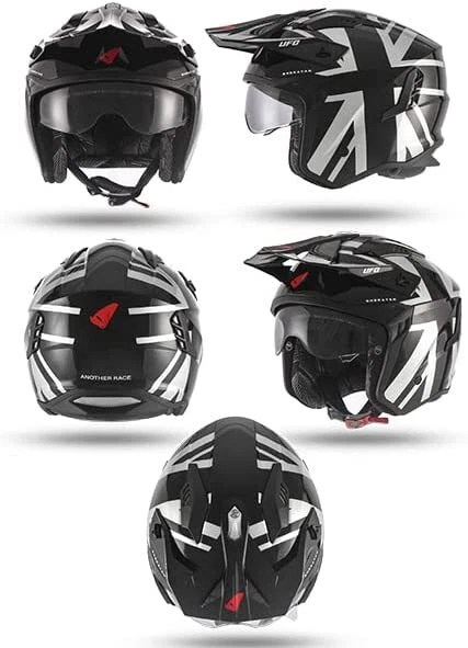 CASCO MOTO UFO JET SHERATAN TRIAL SCOOTER NERO LUCIDO VISIERA FUMÈ A SCOMPARSA