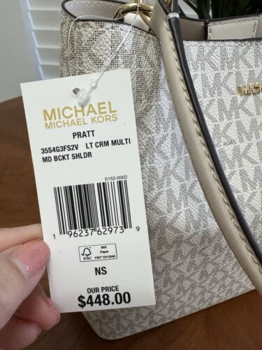 Bolso tipo cubo de hombro mediano Michael Kors Pratt logotipo de firma crema claro MK - Imagen 8 de 8