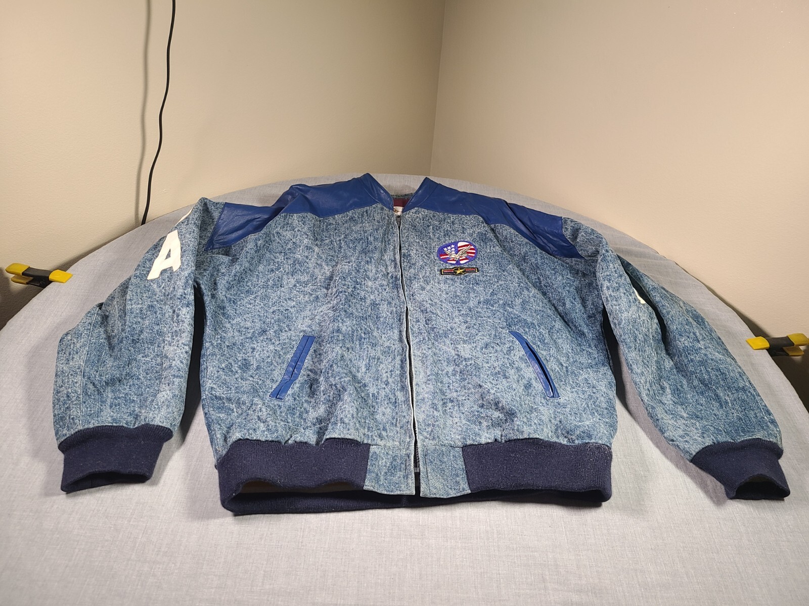 Chaqueta de bombardero de cuero vintage de la Coalición de Estados Unidos para hombre XL denim vuelo militar H&H