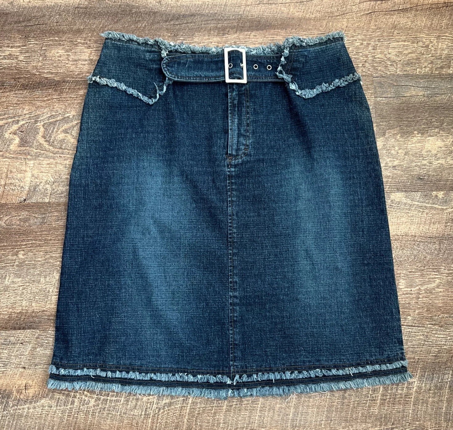 The Blues Denim Skirt Size 18 Frayed Waist Hem Buckle Y2K Retro City Cowgirl