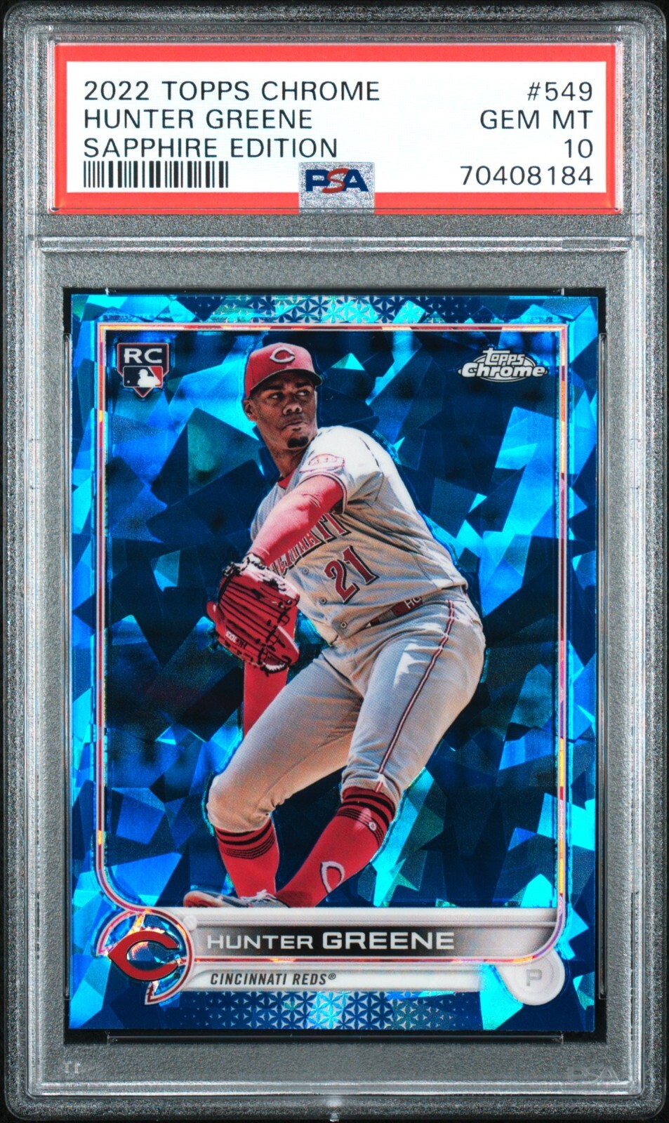 2022 Topps Chrome Sapphire Edition 549 Hunter Greene Rookie (RC) PSA 10