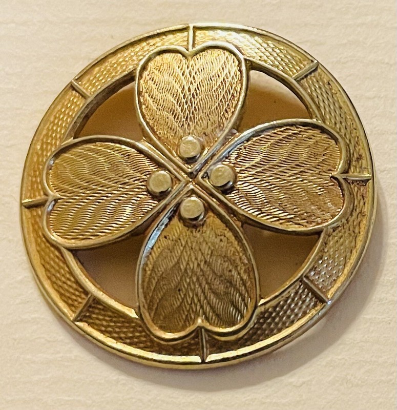Ex Rare Antique Arts & Crafts Repousee DOGWOOD gilt brass button, early 1900s