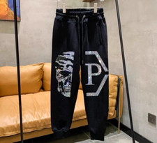 New Men Luxury Diamond Skull Rhinestones Black Gothic Trackpants High Quality