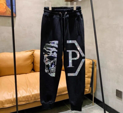New Men Luxury Diamond Skull Rhinestones Black Gothic Trackpants High Quality