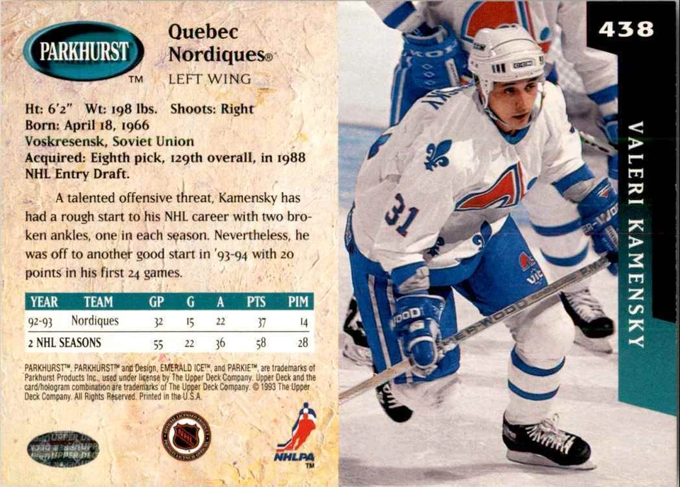 1993-94 PARKHURST VALERI KAMENSKY QUEBEC NORDIQUES #438 - Image 2 of 2