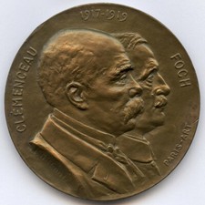 France WWI 1917-1919 Clemenceau & Foch Patriotic Art Medal by Gilbault 50mm 60gr