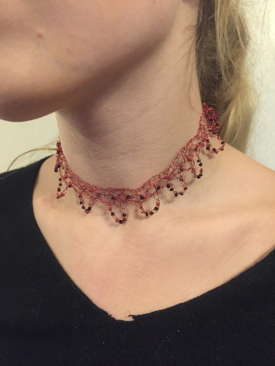 Unique Red Crochet Wire Choker Necklace UK