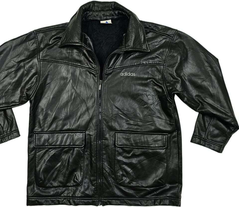 *HOT VTG JAPAN Men ADIDAS SPORTS PARKA LINED STRETCH BLACK PU LEATHER Jacket M-L - Image 2 of 4