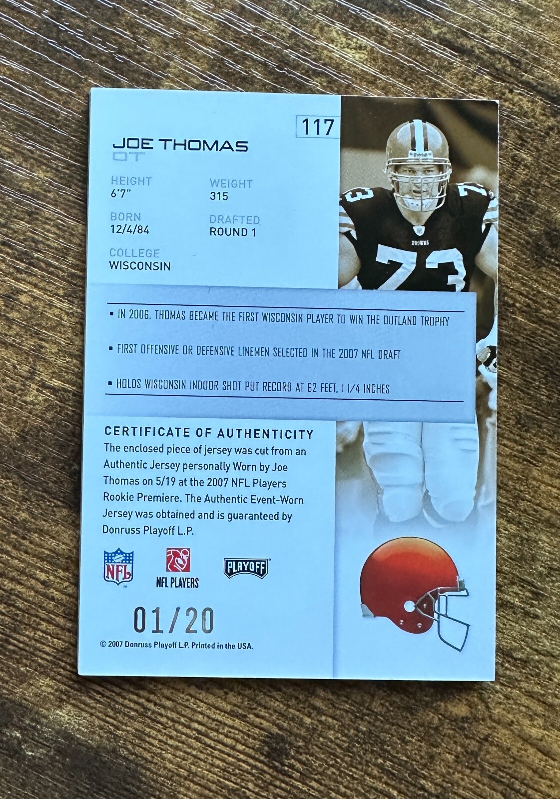 2007 Playoff NFL Playoffs Materials Red Prime #117 Joe Thomas 1/20 Patch #X6741 - Picture 2 of 2