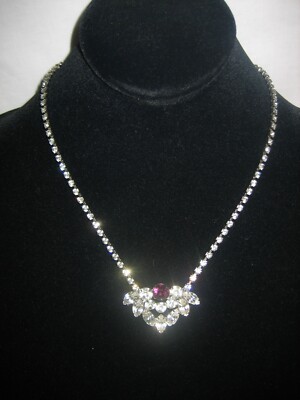 VINTAGE EISENBERG ICE CLEAR AND PURPLE RHINESTONE 18'' NECKLACE