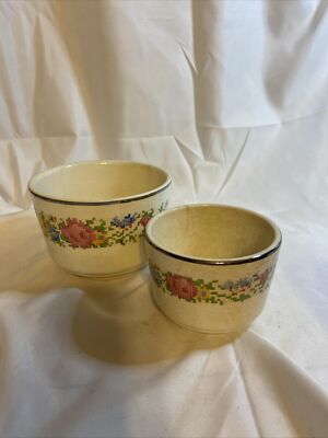 Vintage Harker Hotoven Cooking Ware Pottery Nesting Bowls Set Needlepoint Floral