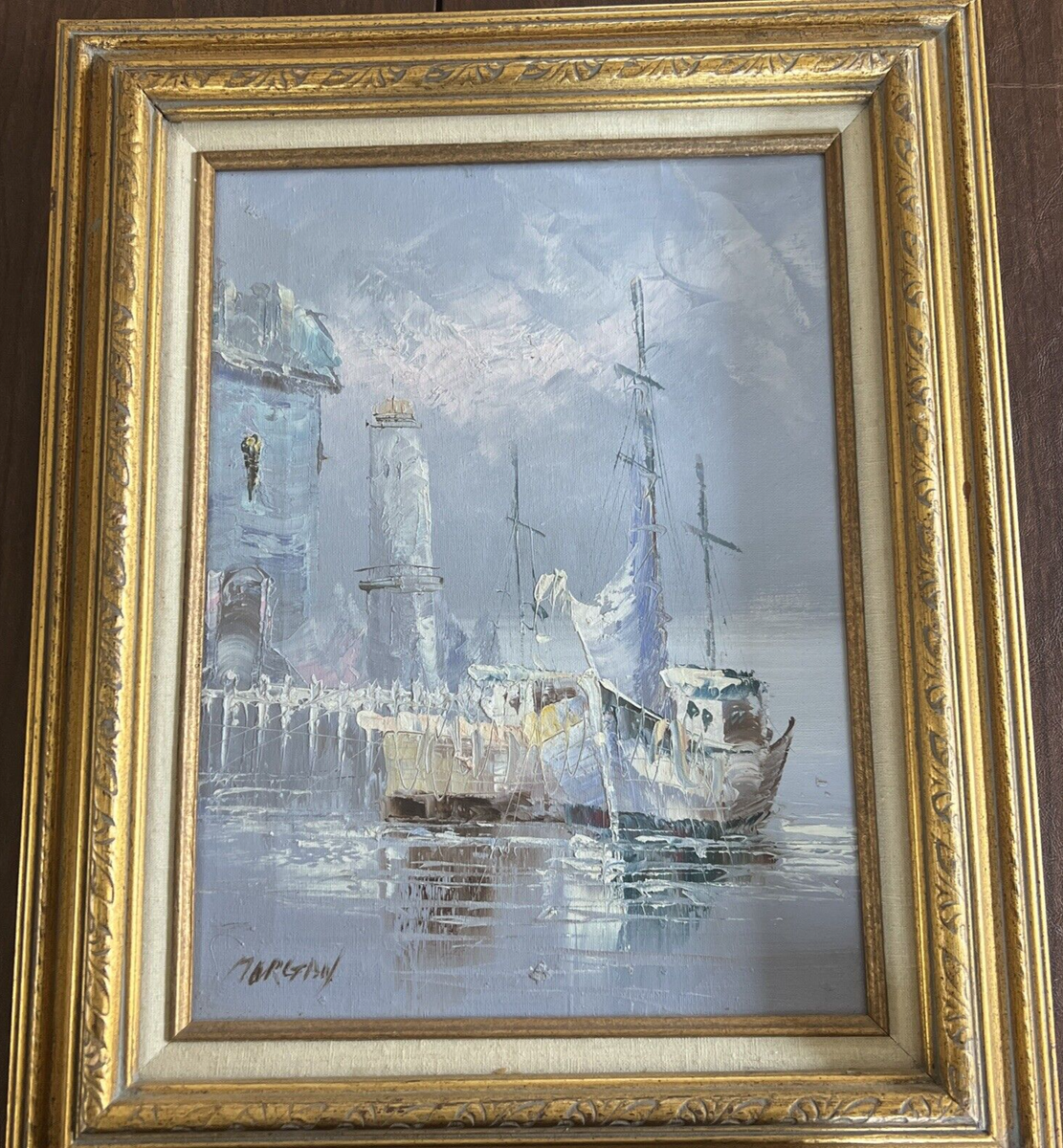MORGAN【船場】油彩画 MORGAN Antique Oil Painting on Board of Boats in Harbor and
