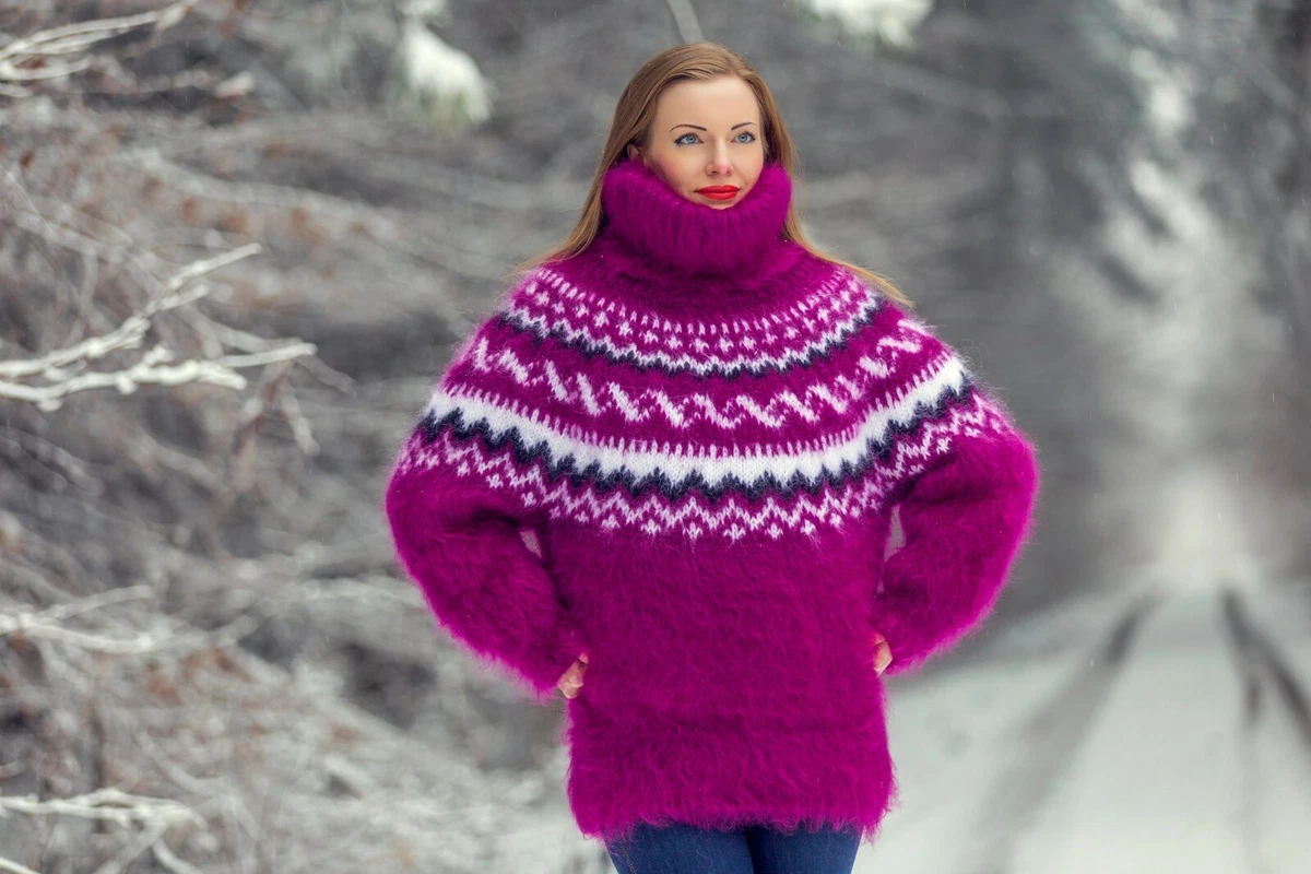 Fuzzy purple Icelandic mohair sweater hand knitted Nordic