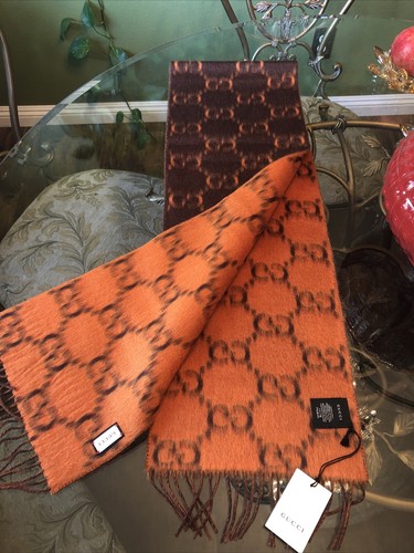 100% Authentic GUCCI Tangerine & Brown Wool Alpaca Big GG Rock Monogram Scarf - Picture 3 of 12