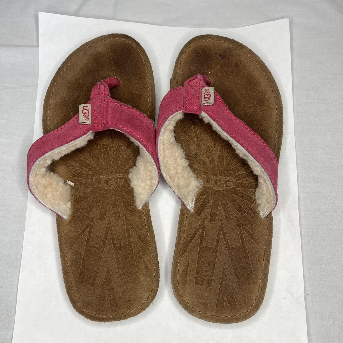 UGG Tasmina Suede Flip Flops Tan Pink Sandals Thongs Youth Girls