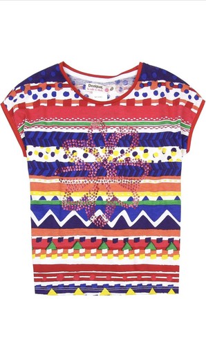 Desigual Madagascar Girls Top Sz 13/14 Vibrant Colors With Sequins Cap Sleeves