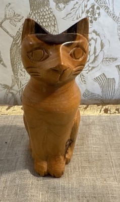 Vintage Hand Carved Solid Wood Cat Figure