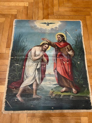 Ancienne icône orthodoxe russe double face sur toile - Baptême du Christ Proph - Photo 19/20