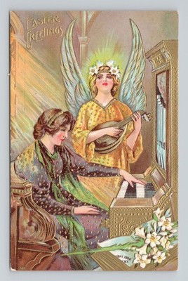 Embossed Easter Greetings Angel Woman Piano Mandolin Gold Gilt Postcard