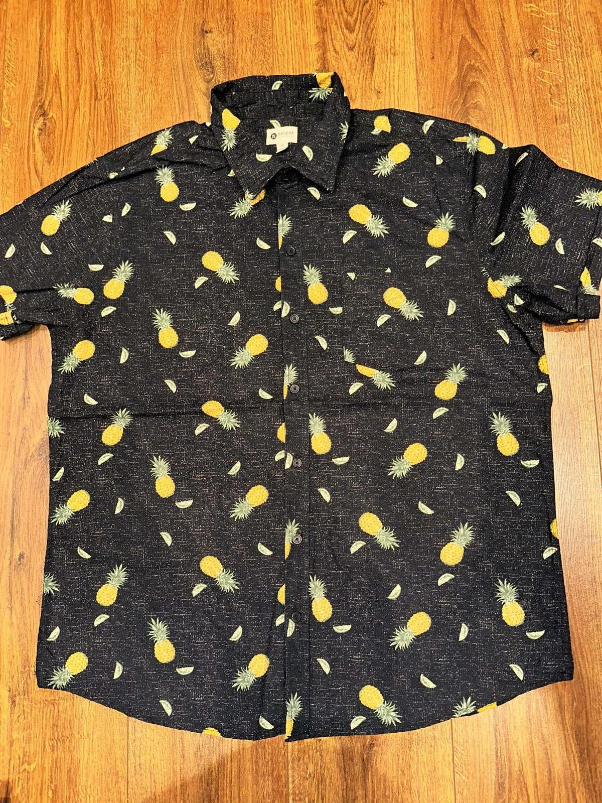 Haggar Pineapple Print Shirt Black Yellow Hawaiian XL