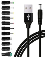 USB to DC 5V Power Cable, Universal DC 5.5x2.1mm Plug Charging Cord with 11 C...