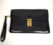 Vintage Leather Bag Clutch 3 Compartments Clasp Black 6.5 x 10"