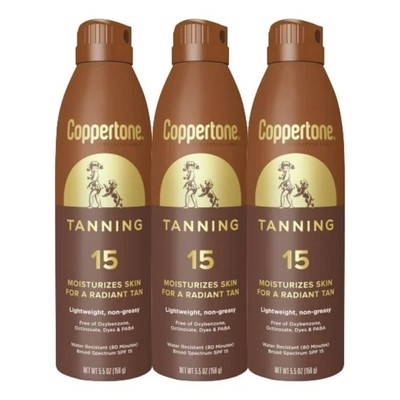 Coppertone Tanning SPF 15 Non-Greasy Broad Spectrum Spray 5.5 oz, 08/2026, 3CANS