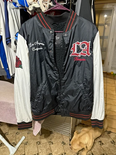 Hollister Men's Varsity Jacket Black/White M Snap Front "LA" Patch Lined - product listing photo