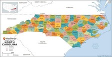 North Carolina Counties Map - Standard - 36" x 18.25" Laminated