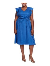 CECE Womens Blue Belted Tie Lined Flutter Sleeve Midi Fit + Flare Dress Plus 16W