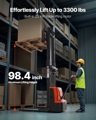 Full Electric Pallet Stacker, 3300 lbs Capacity, Orange & Black