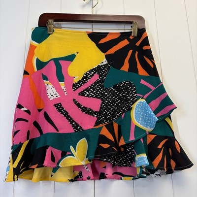BCBGeneration Boho Ruffle Mini Skirt Women Size 6 Abstract Tropical Resortwearl