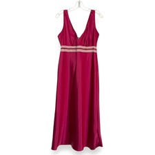 California Dynasty Nightgown Slip Dress Red Satin Lace Trim Vintage Glam Medium