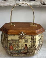 Vintage 70s Anton Pieck Decoupage Art Octagon Wooden Box Purse with Metal Handle