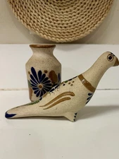 Vintage Tonala Bird & Vase Hand Painted Folk Art Sandstone Rare Set