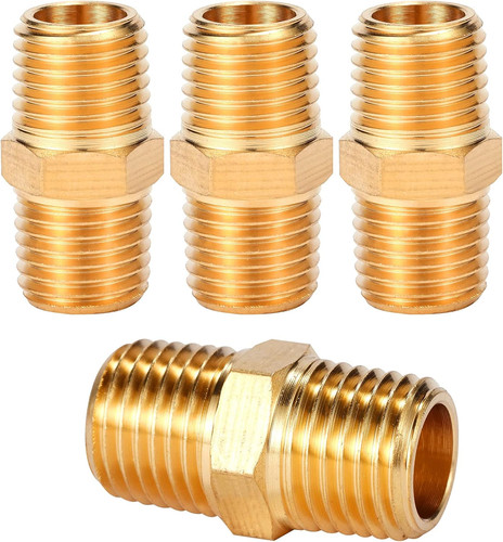 4-Pack Solid Brass Hex Nipple 1/4" NPT Male Pipe Adapter 1/2" O.D.