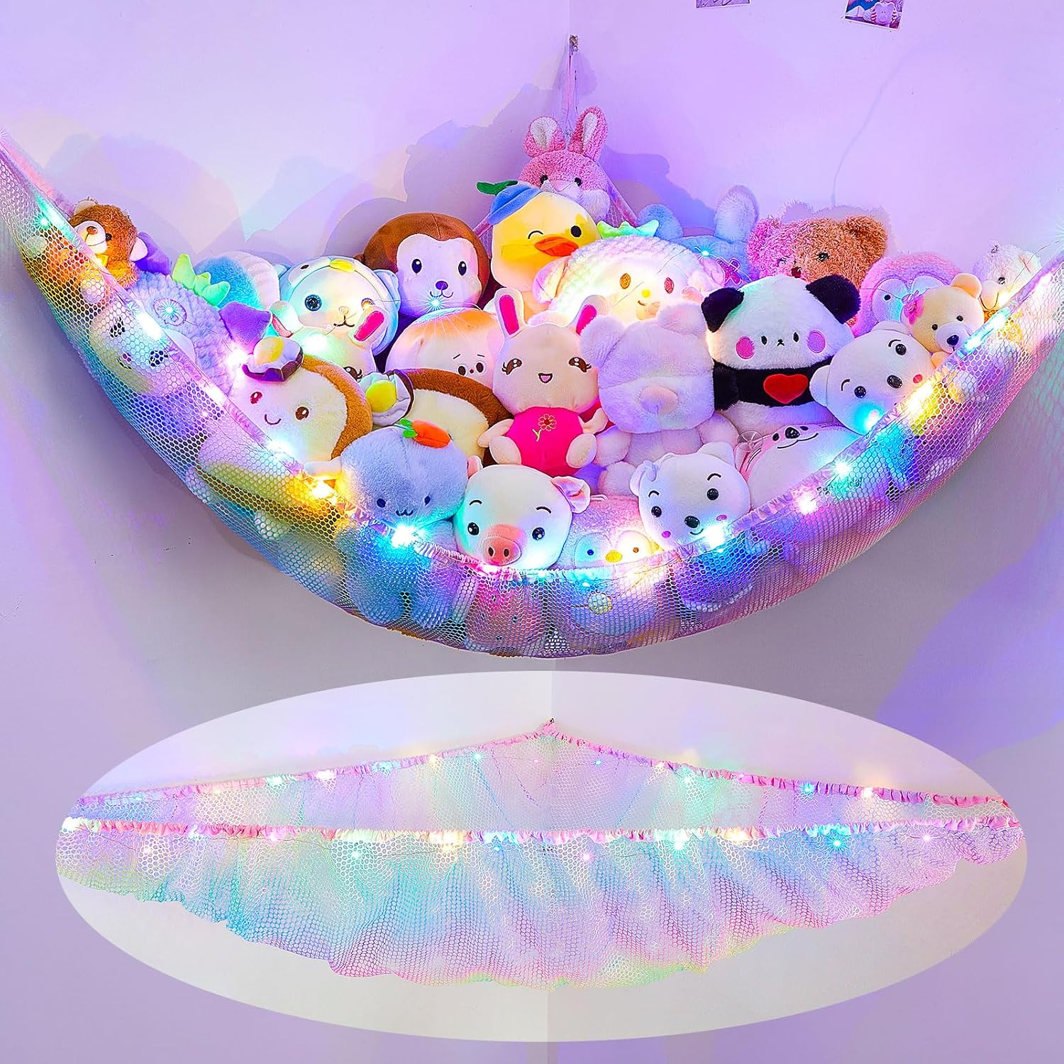 MHJY Toy Hammock for Stuffed Animals Soft Toy Storage Net with LED Light, Cuddly